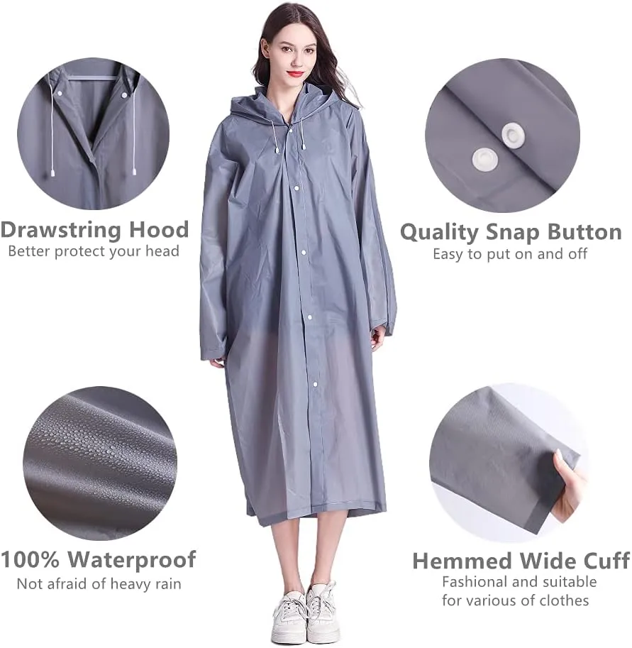 Rain Ponchos for Adults, Reusable Waterproof Hooded EVA Rain Coats Rain Jackets Rainwear for Women Men, Pack of 2