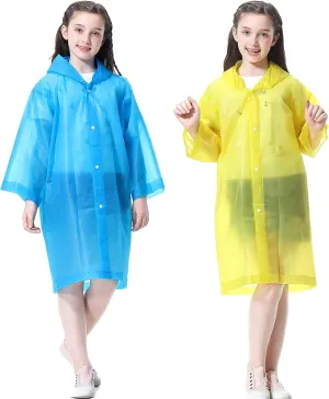 Rain Ponchos for Kids (2 Pack), Reusable Rain Jackets Waterproof EVA Raincoats with Hood for Boys and Girls