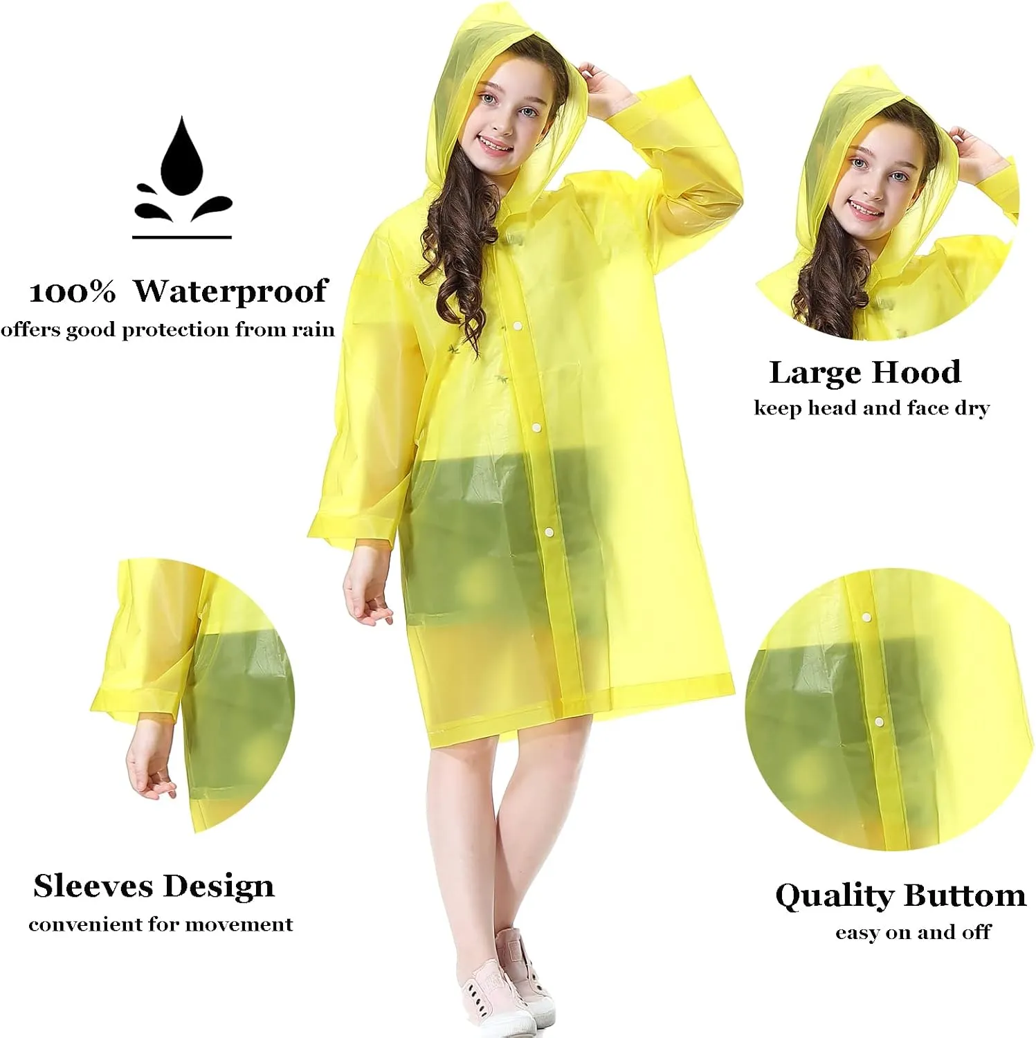 Rain Ponchos for Kids (2 Pack), Reusable Rain Jackets Waterproof EVA Raincoats with Hood for Boys and Girls