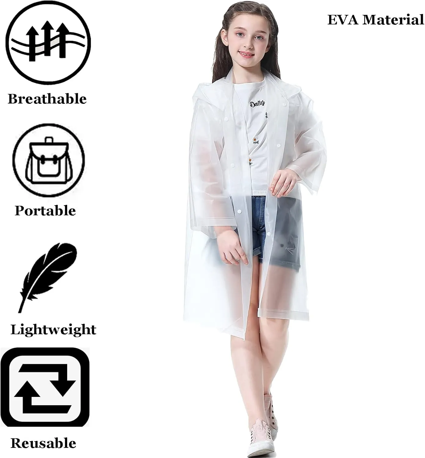 Rain Ponchos for Kids (2 Pack), Reusable Rain Jackets Waterproof EVA Raincoats with Hood for Boys and Girls