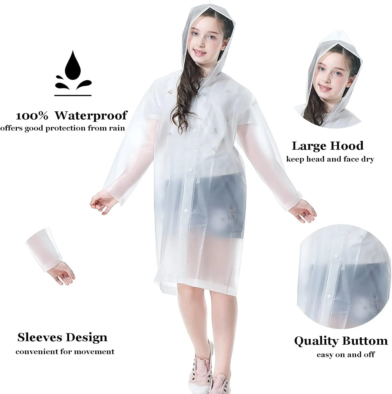 Rain Ponchos for Kids (2 Pack), Reusable Rain Jackets Waterproof EVA Raincoats with Hood for Boys and Girls