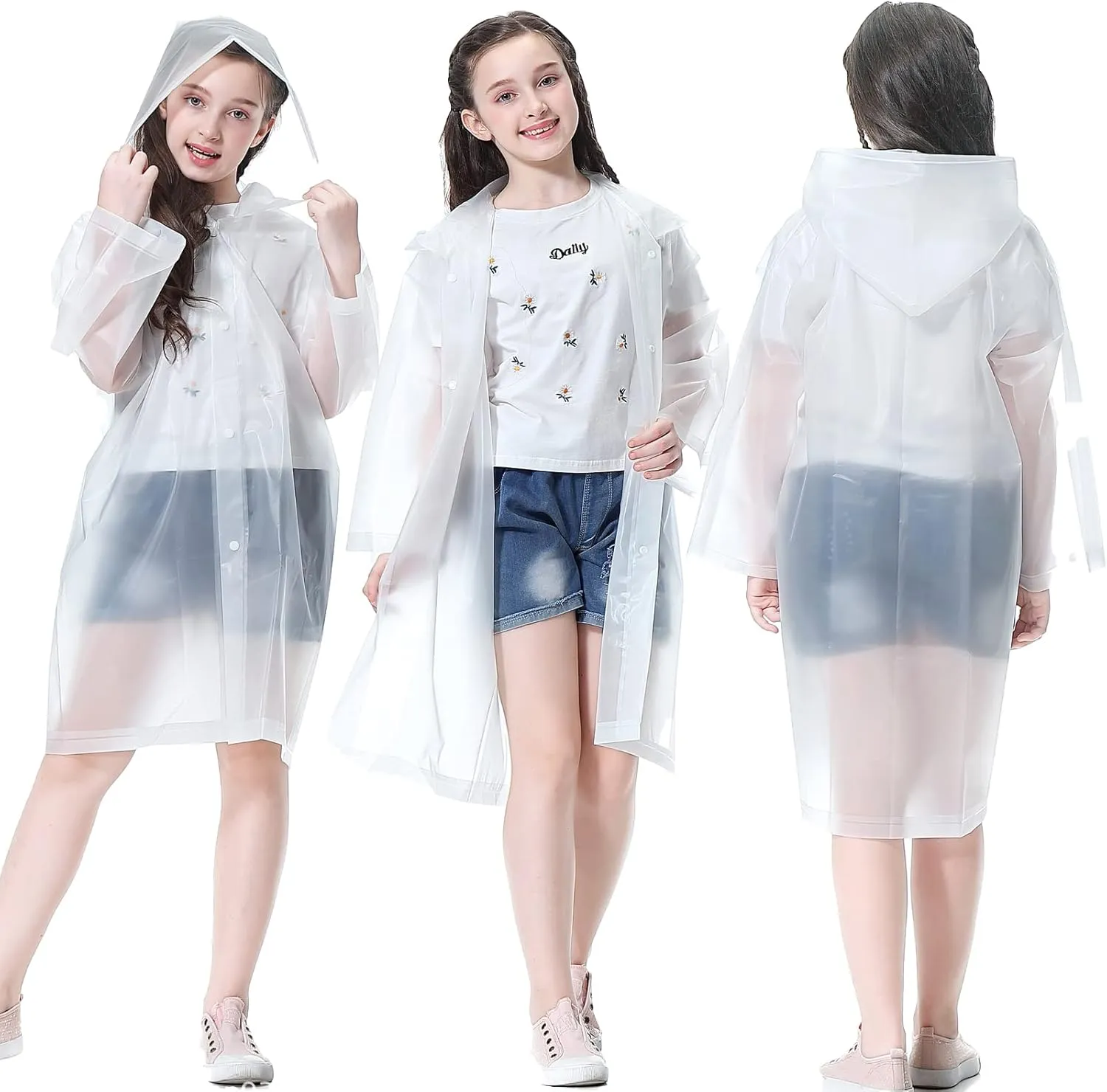 Rain Ponchos for Kids (2 Pack), Reusable Rain Jackets Waterproof EVA Raincoats with Hood for Boys and Girls