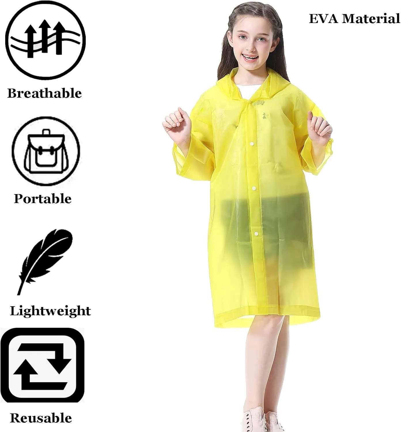 Rain Ponchos for Kids (2 Pack), Reusable Rain Jackets Waterproof EVA Raincoats with Hood for Boys and Girls