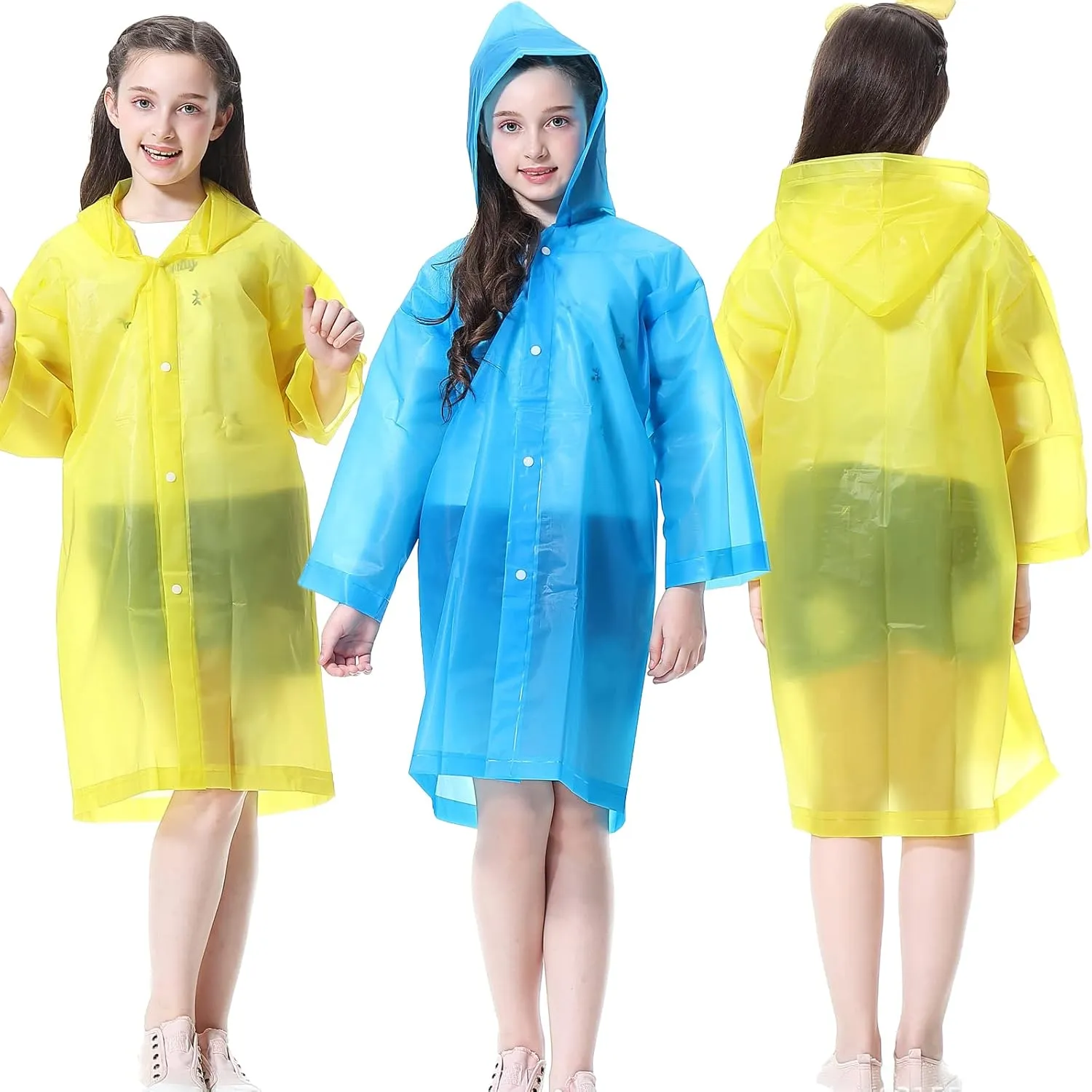 Rain Ponchos for Kids (2 Pack), Reusable Rain Jackets Waterproof EVA Raincoats with Hood for Boys and Girls