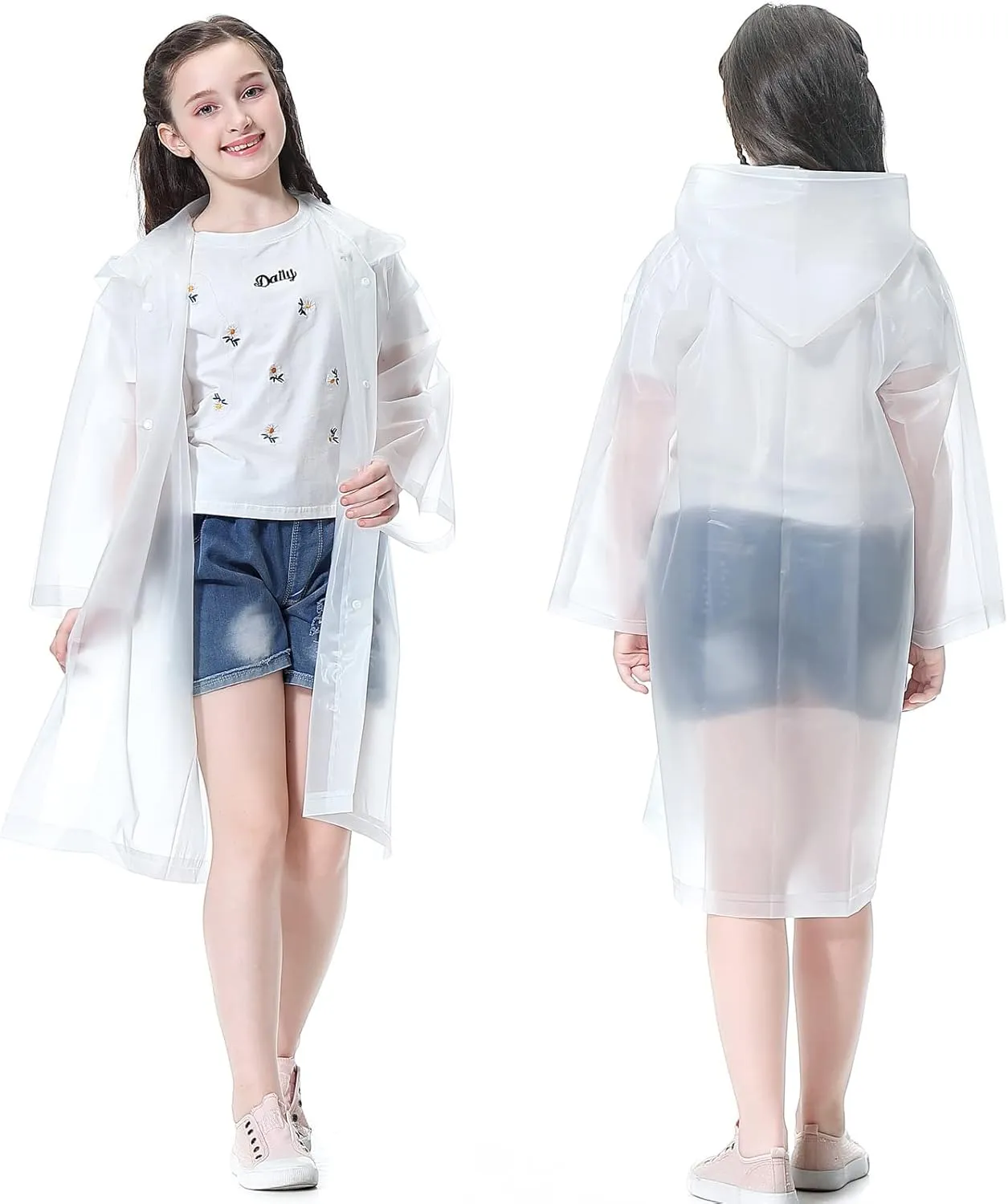 Rain Ponchos for Kids (2 Pack), Reusable Rain Jackets Waterproof EVA Raincoats with Hood for Boys and Girls
