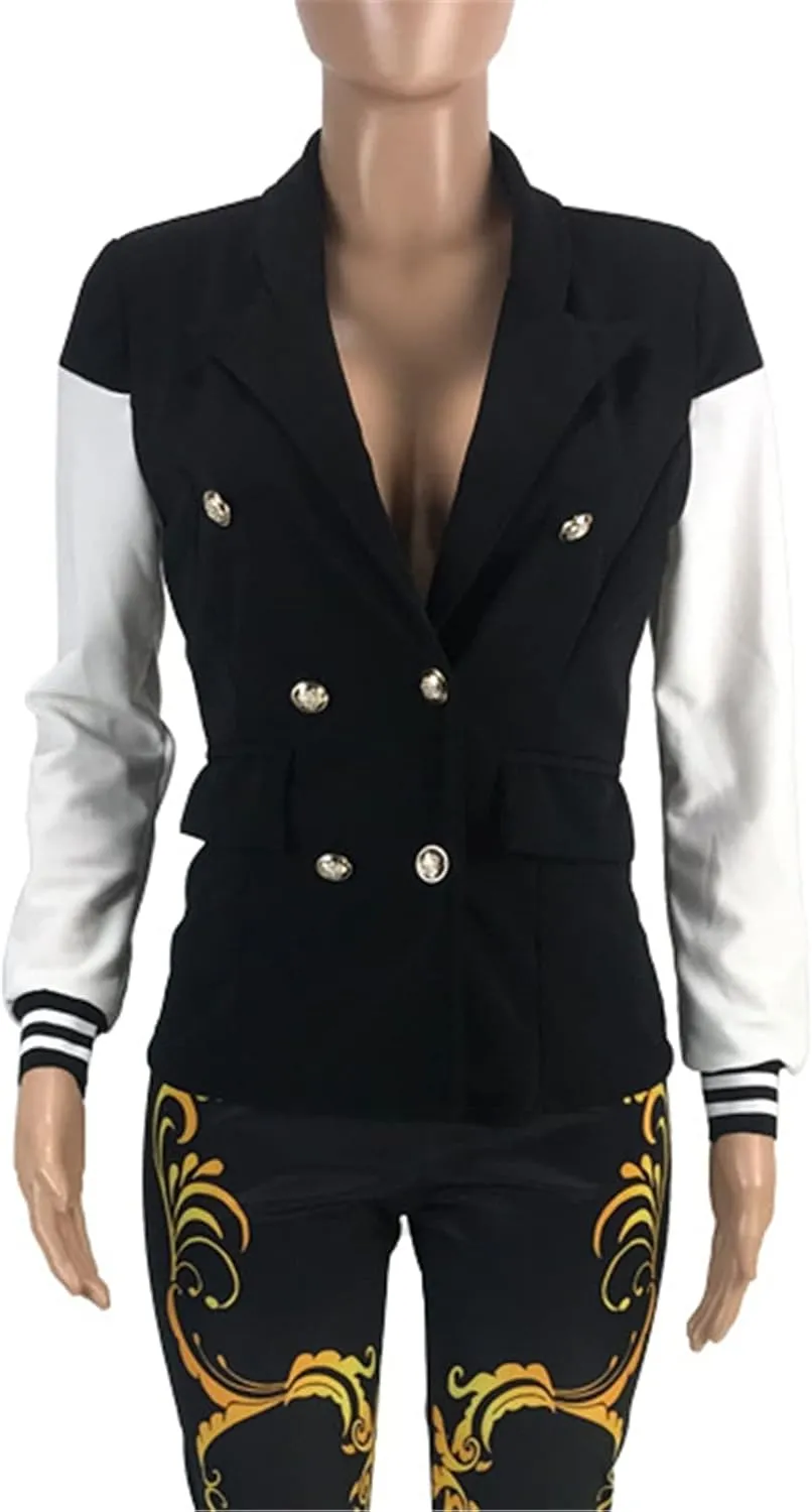 Recious Womens Long Sleeve Lapel Deep V Neck Paneled Double Breasted Blazer Coat Jackets