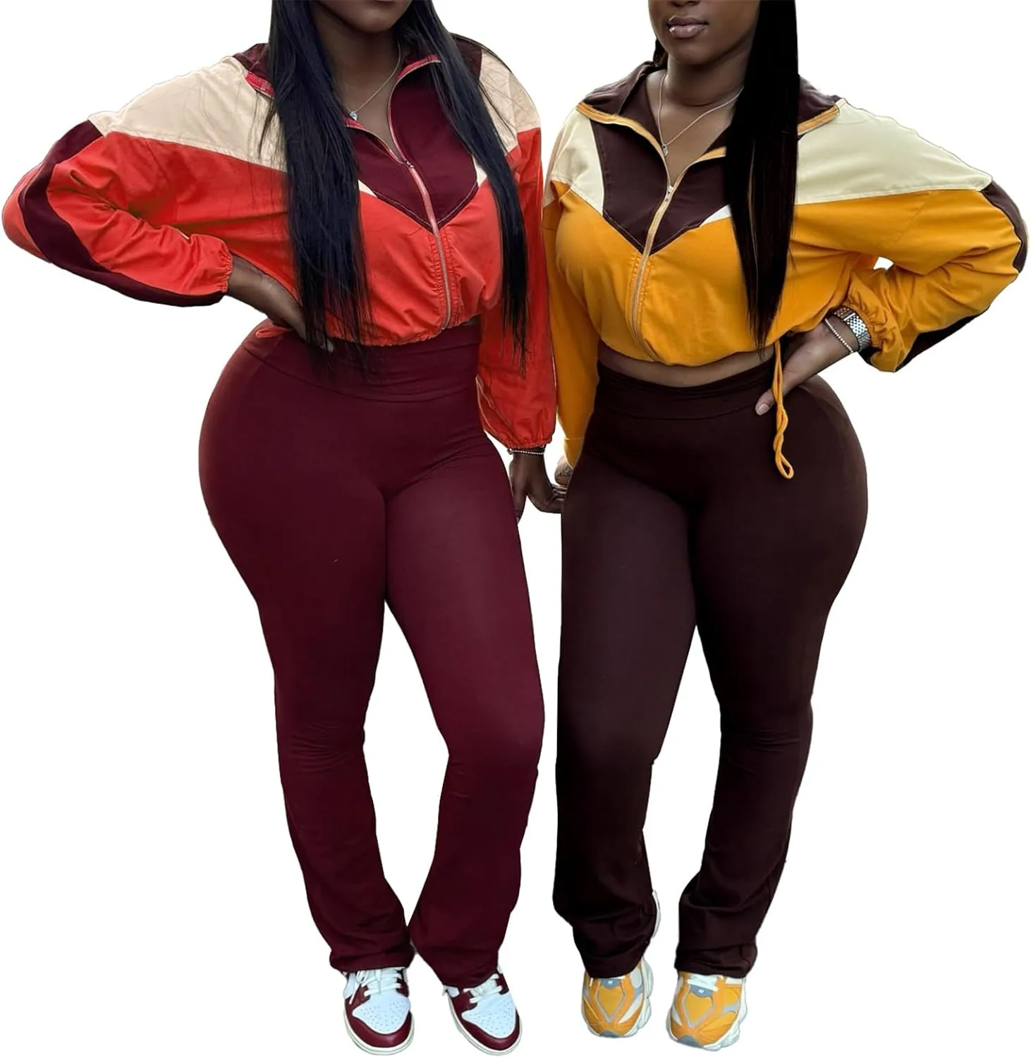Recious Womens Sexy 2 Pieces Colorblock Zipper Jackets Crop Tops Shirts Bodycon Pants Party Clubwear Tracksuit Outfits Set