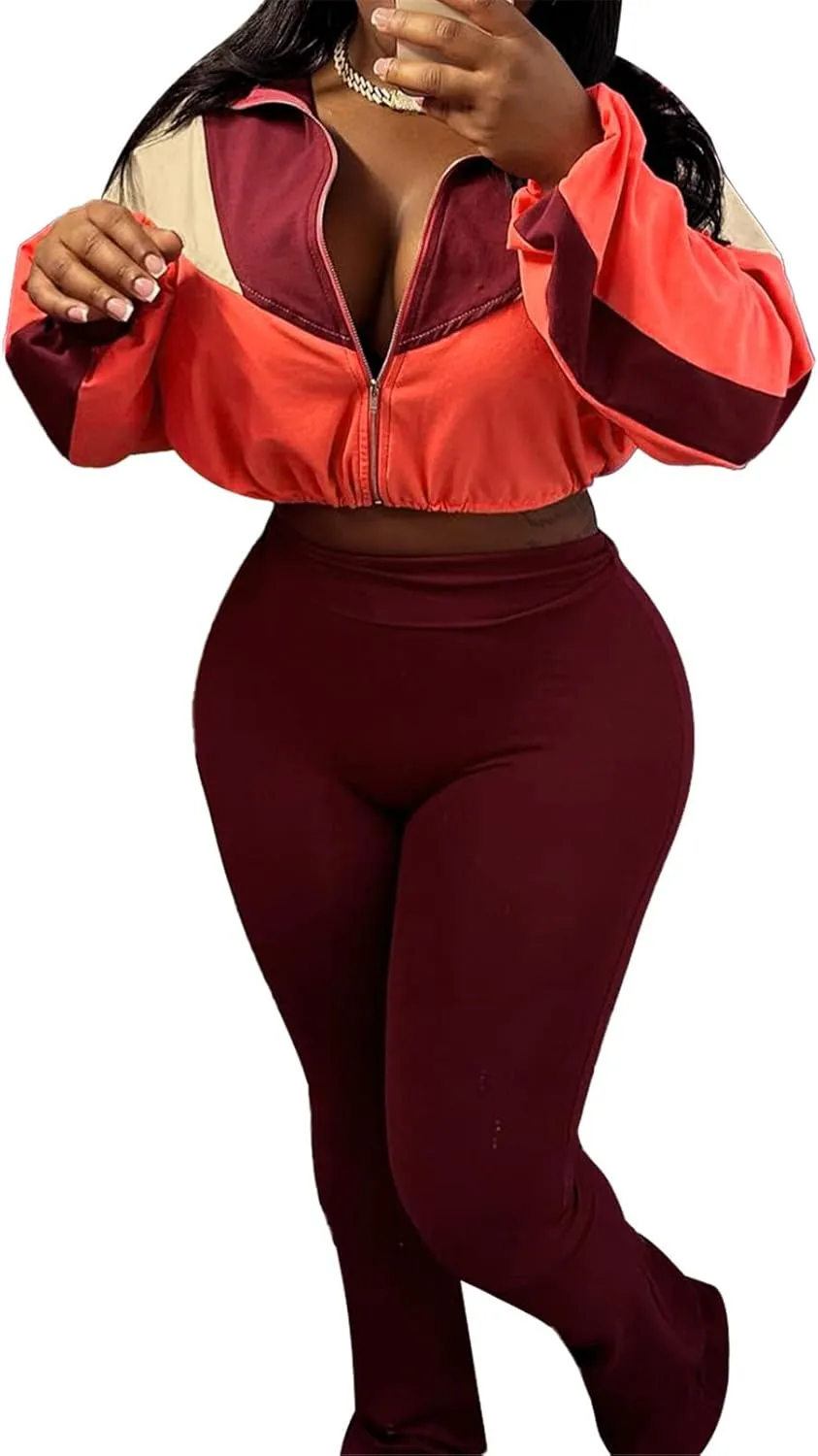 Recious Womens Sexy 2 Pieces Colorblock Zipper Jackets Crop Tops Shirts Bodycon Pants Party Clubwear Tracksuit Outfits Set