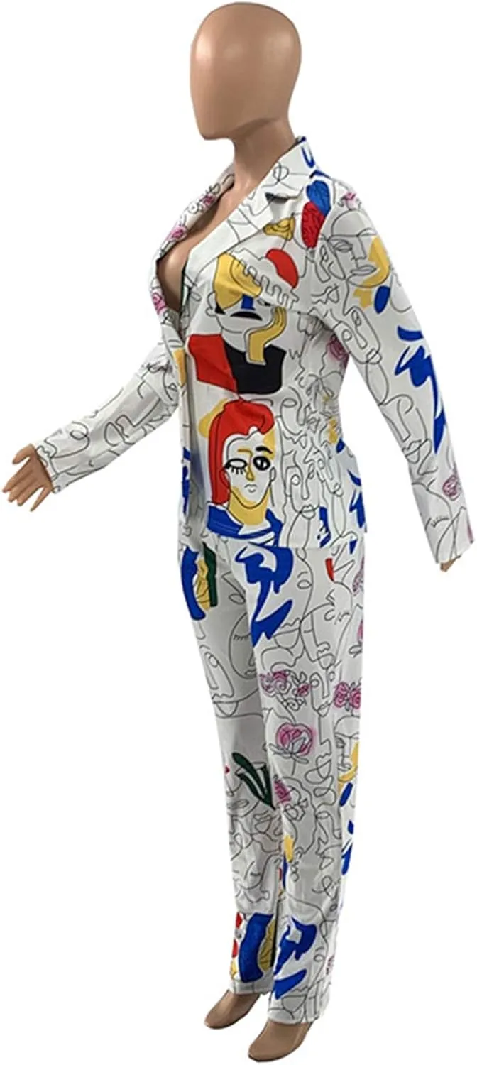 Recious Womens Sexy 2 Pieces Denim Printed Zipper Jackets Bodycon Pants Party Clubwear Tracksuit Outfits Set