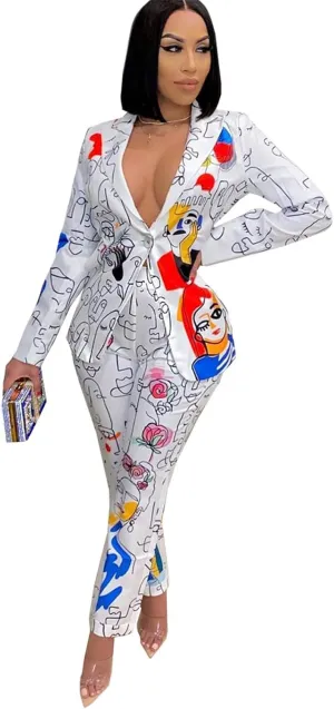 Recious Womens Sexy 2 Pieces Denim Printed Zipper Jackets Bodycon Pants Party Clubwear Tracksuit Outfits Set