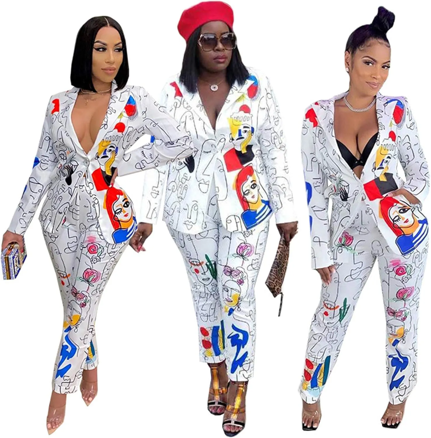 Recious Womens Sexy 2 Pieces Denim Printed Zipper Jackets Bodycon Pants Party Clubwear Tracksuit Outfits Set