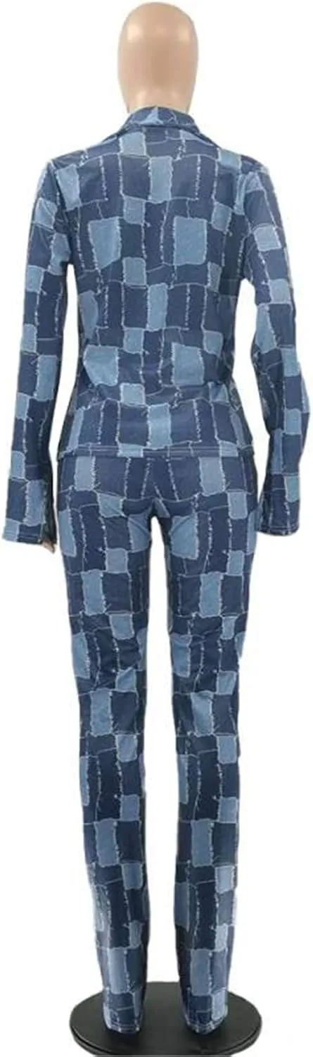 Recious Womens Sexy 2 Pieces Denim Printed Zipper Jackets Bodycon Pants Party Clubwear Tracksuit Outfits Set