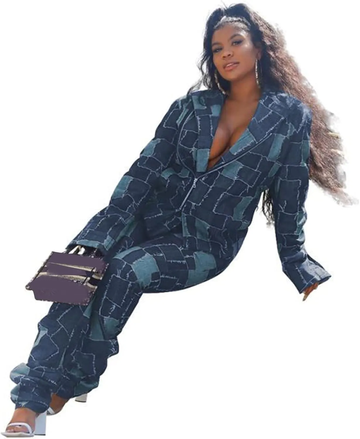 Recious Womens Sexy 2 Pieces Denim Printed Zipper Jackets Bodycon Pants Party Clubwear Tracksuit Outfits Set