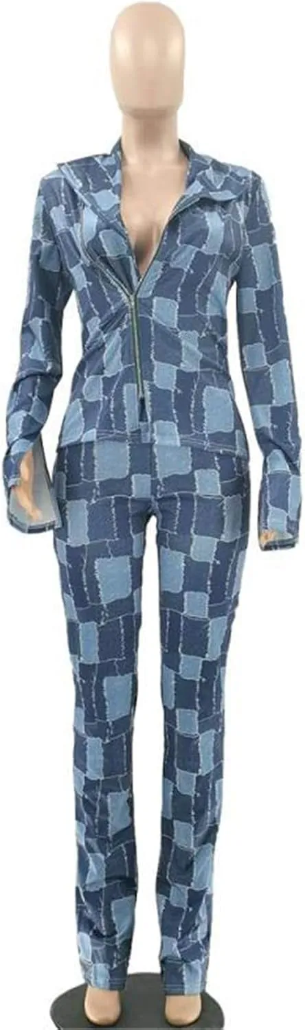 Recious Womens Sexy 2 Pieces Denim Printed Zipper Jackets Bodycon Pants Party Clubwear Tracksuit Outfits Set
