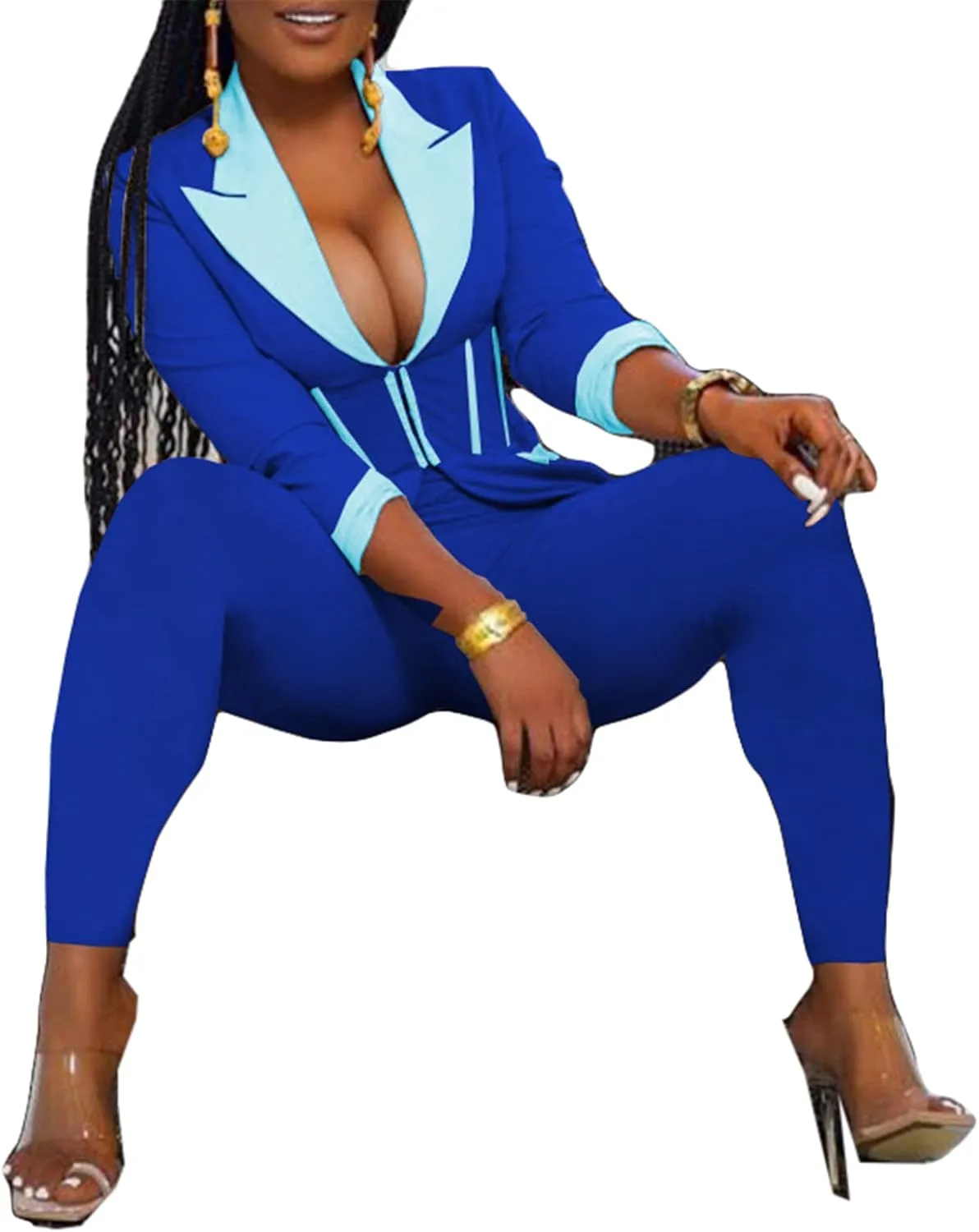 Recious Womens Sexy 2 Pieces Denim Printed Zipper Jackets Bodycon Pants Party Clubwear Tracksuit Outfits Set