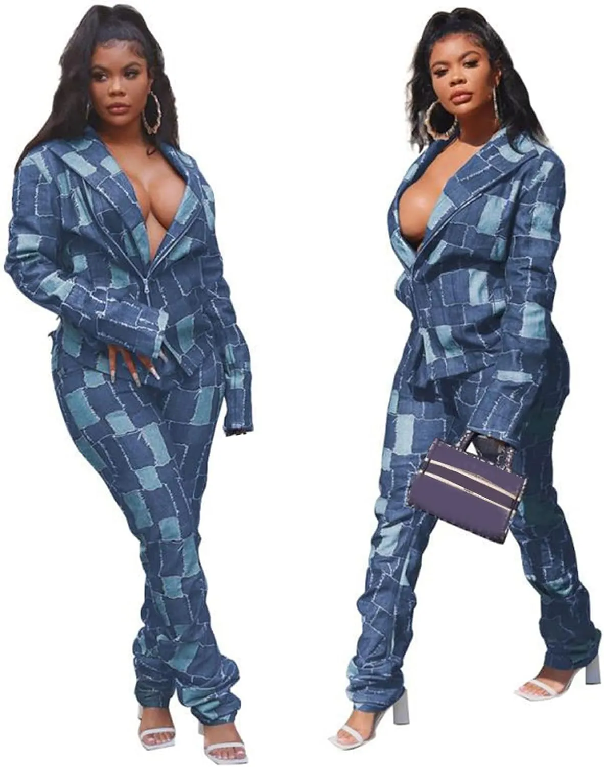 Recious Womens Sexy 2 Pieces Denim Printed Zipper Jackets Bodycon Pants Party Clubwear Tracksuit Outfits Set
