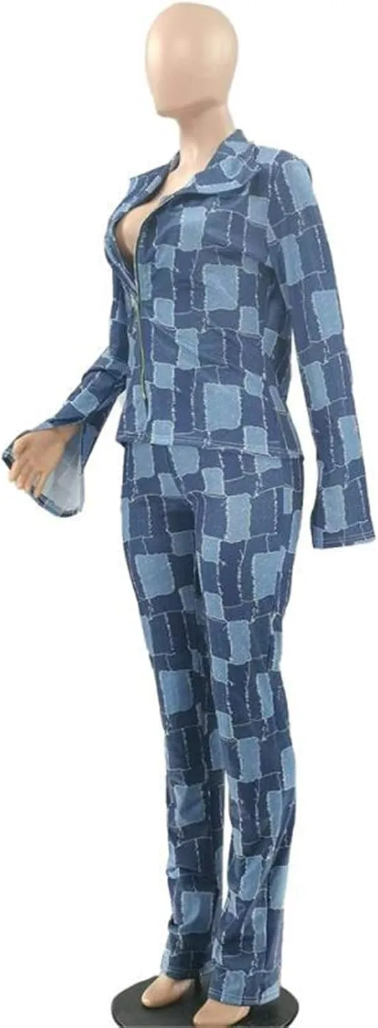 Recious Womens Sexy 2 Pieces Denim Printed Zipper Jackets Bodycon Pants Party Clubwear Tracksuit Outfits Set