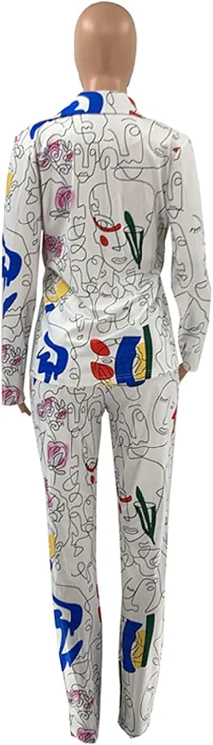 Recious Womens Sexy 2 Pieces Denim Printed Zipper Jackets Bodycon Pants Party Clubwear Tracksuit Outfits Set
