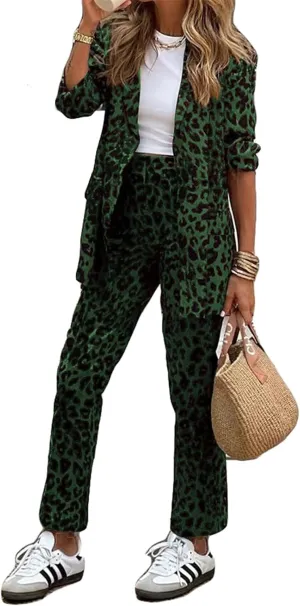 Recious Womens Sexy 2 Pieces Leopard Printed Blazer Jackets Bodycon Pants Party Clubwear Tracksuit Oufits Suit Set