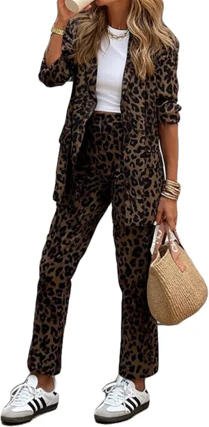 Recious Womens Sexy 2 Pieces Leopard Printed Blazer Jackets Bodycon Pants Party Clubwear Tracksuit Oufits Suit Set