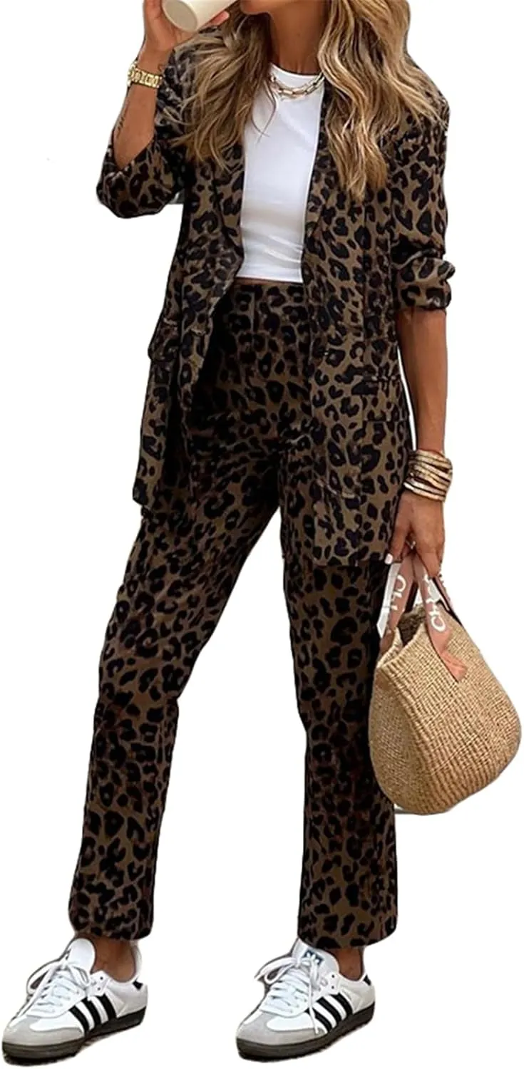 Recious Womens Sexy 2 Pieces Leopard Printed Blazer Jackets Bodycon Pants Party Clubwear Tracksuit Oufits Suit Set