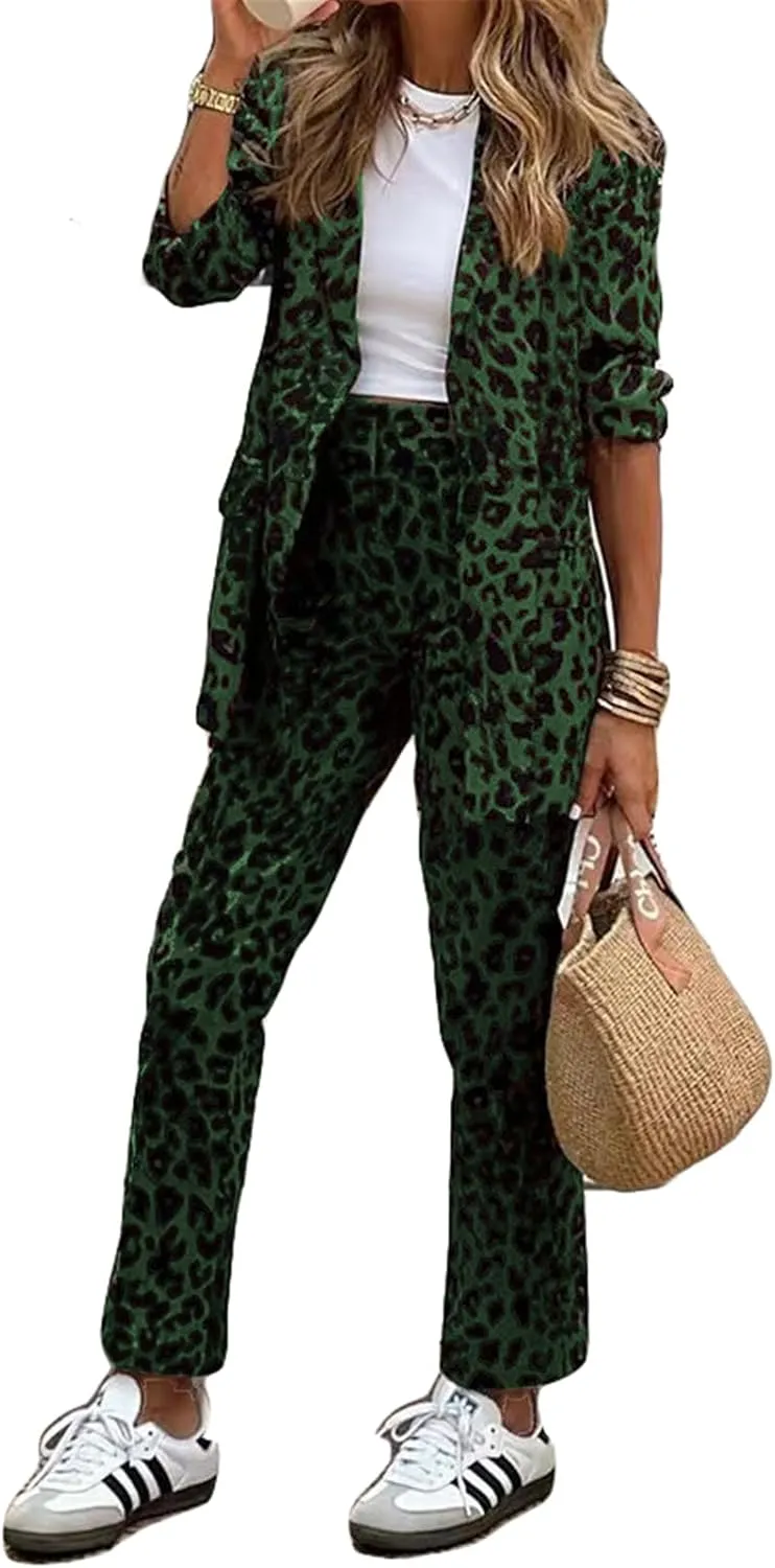 Recious Womens Sexy 2 Pieces Leopard Printed Blazer Jackets Bodycon Pants Party Clubwear Tracksuit Oufits Suit Set