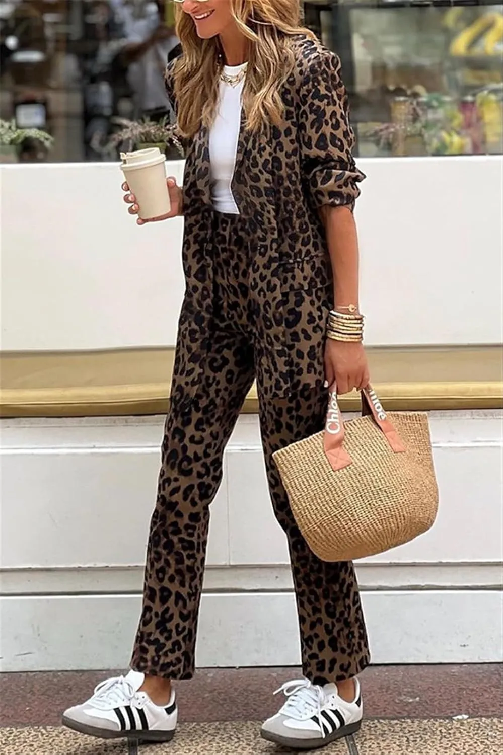 Recious Womens Sexy 2 Pieces Leopard Printed Blazer Jackets Bodycon Pants Party Clubwear Tracksuit Oufits Suit Set