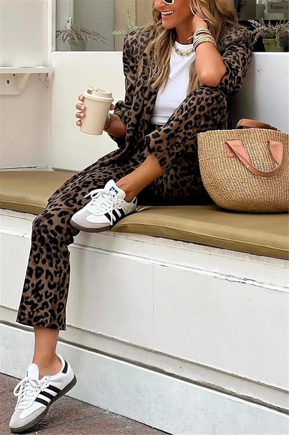 Recious Womens Sexy 2 Pieces Leopard Printed Blazer Jackets Bodycon Pants Party Clubwear Tracksuit Oufits Suit Set