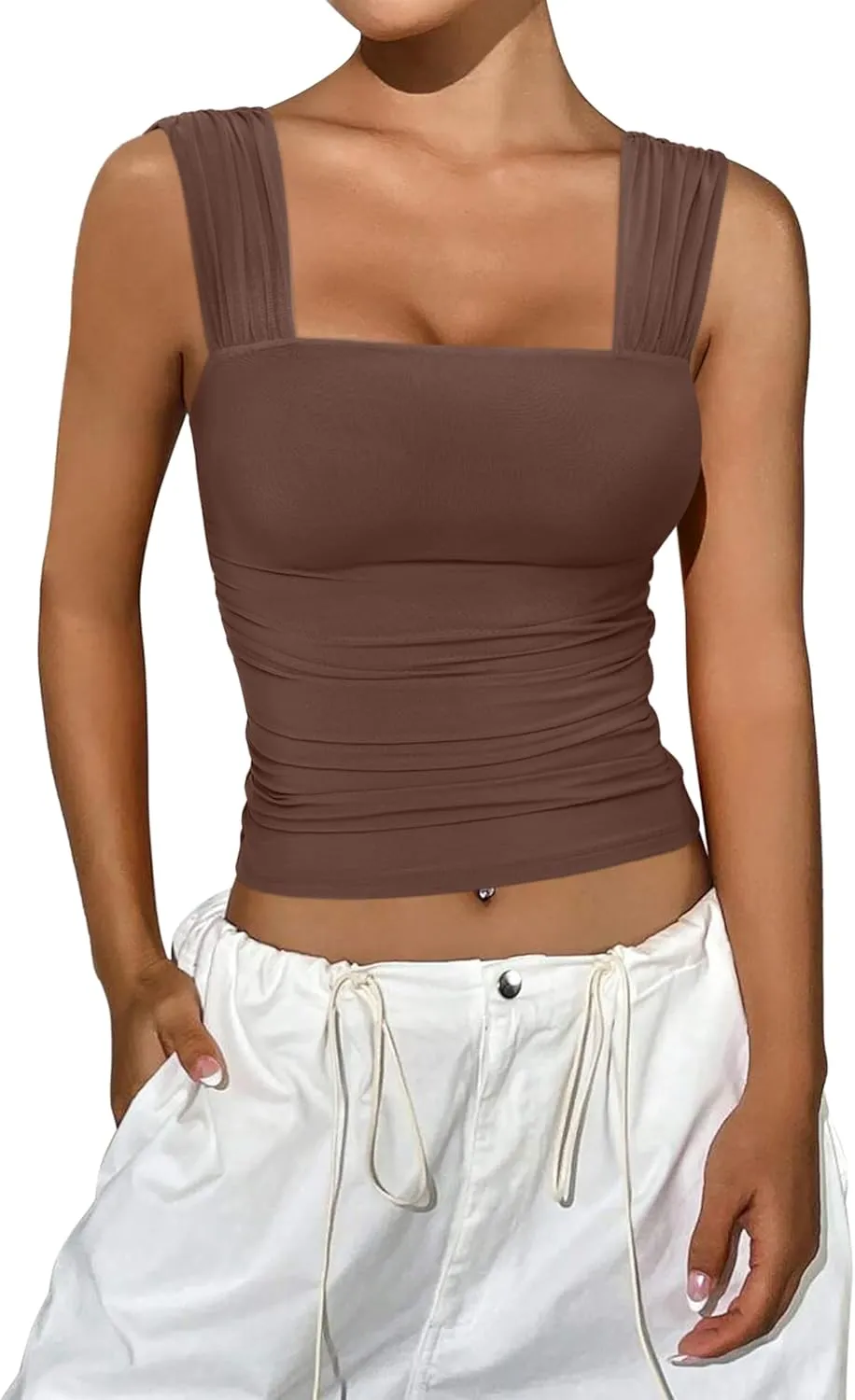 REORIA Womens Sexy Square Neck Double Lined Mesh Sheer Ruched Crop Going Out Tops Y2k Trendy Cute Tank Top Summer Outfits