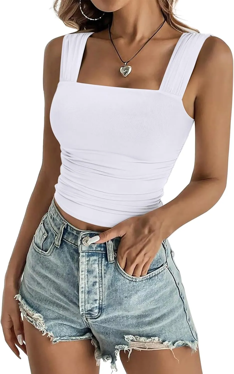 REORIA Womens Sexy Square Neck Double Lined Mesh Sheer Ruched Crop Going Out Tops Y2k Trendy Cute Tank Top Summer Outfits