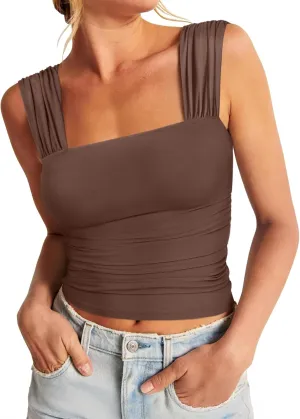 REORIA Womens Sexy Square Neck Double Lined Mesh Sheer Ruched Crop Going Out Tops Y2k Trendy Cute Tank Top Summer Outfits
