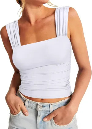 REORIA Womens Sexy Square Neck Double Lined Mesh Sheer Ruched Crop Going Out Tops Y2k Trendy Cute Tank Top Summer Outfits