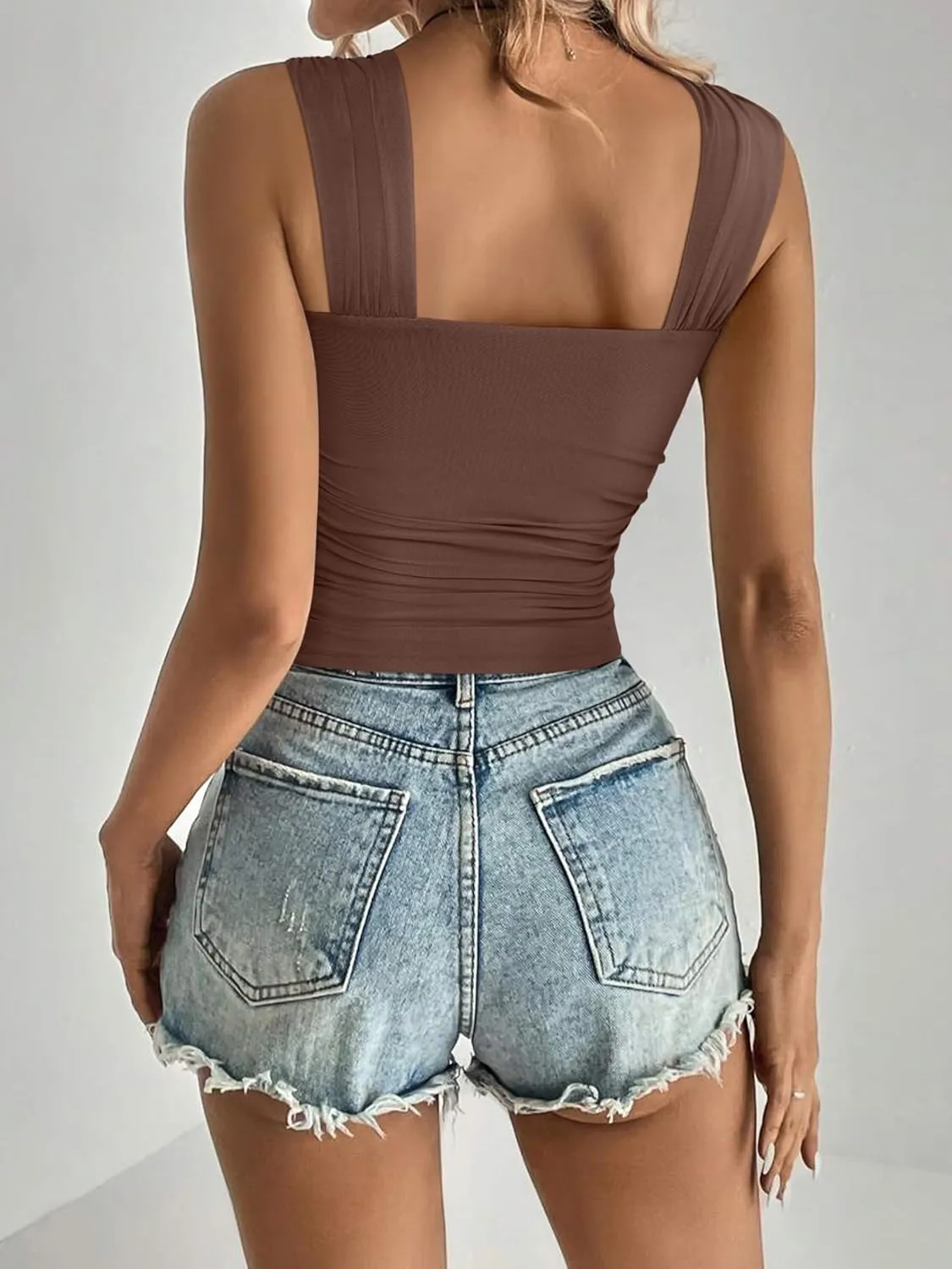 REORIA Womens Sexy Square Neck Double Lined Mesh Sheer Ruched Crop Going Out Tops Y2k Trendy Cute Tank Top Summer Outfits