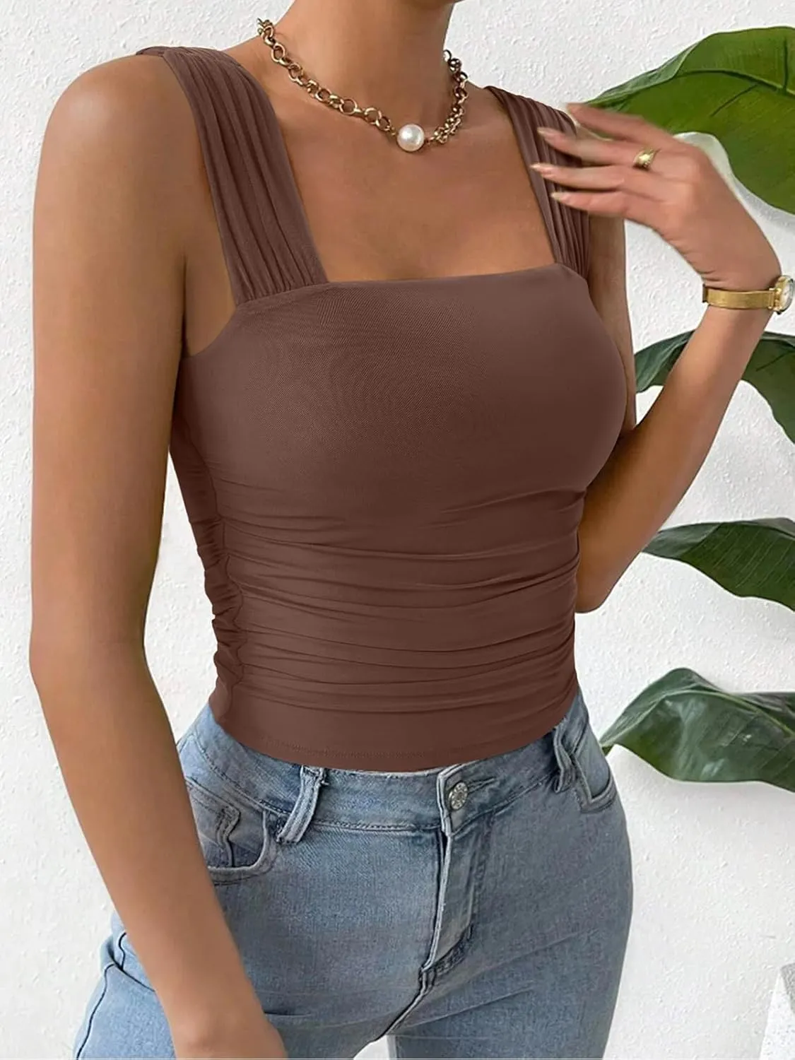 REORIA Womens Sexy Square Neck Double Lined Mesh Sheer Ruched Crop Going Out Tops Y2k Trendy Cute Tank Top Summer Outfits