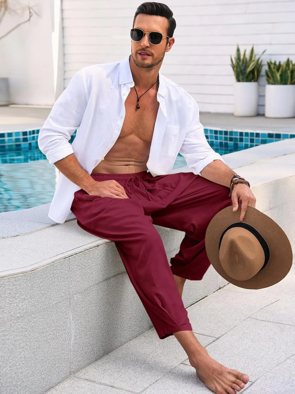 Runcati Mens Casual Harem Pants Drawstring Elastic Waist Cotton Cropped Trousers Yoga Beach Lightweight Pants