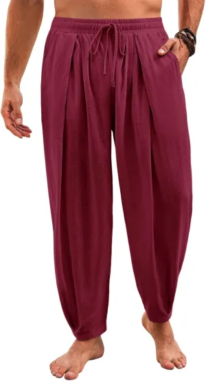 Runcati Mens Casual Harem Pants Drawstring Elastic Waist Cotton Cropped Trousers Yoga Beach Lightweight Pants