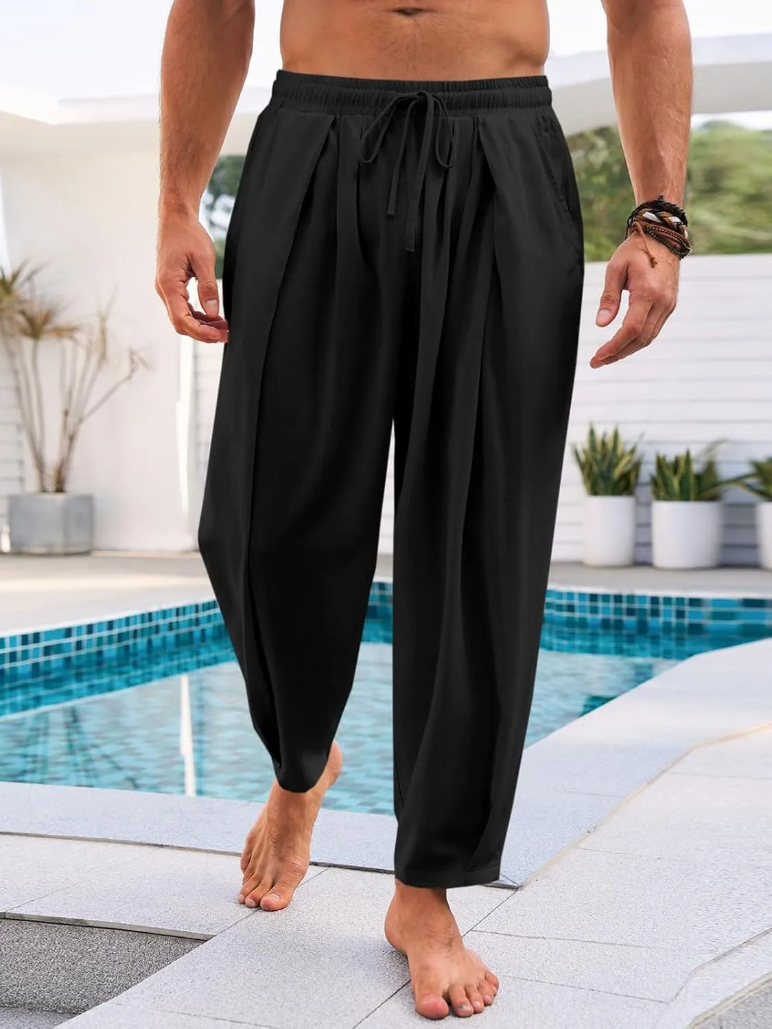 Runcati Mens Casual Harem Pants Drawstring Elastic Waist Cotton Cropped Trousers Yoga Beach Lightweight Pants