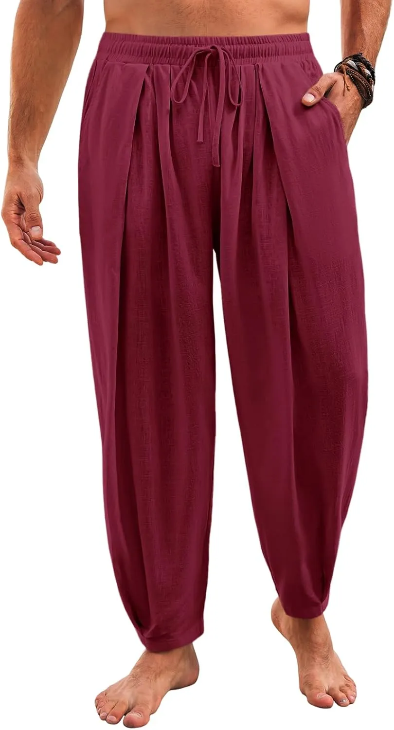 Runcati Mens Casual Harem Pants Drawstring Elastic Waist Cotton Cropped Trousers Yoga Beach Lightweight Pants