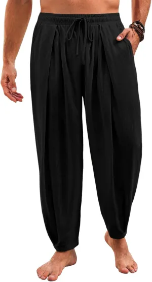 Runcati Mens Casual Harem Pants Drawstring Elastic Waist Cotton Cropped Trousers Yoga Beach Lightweight Pants