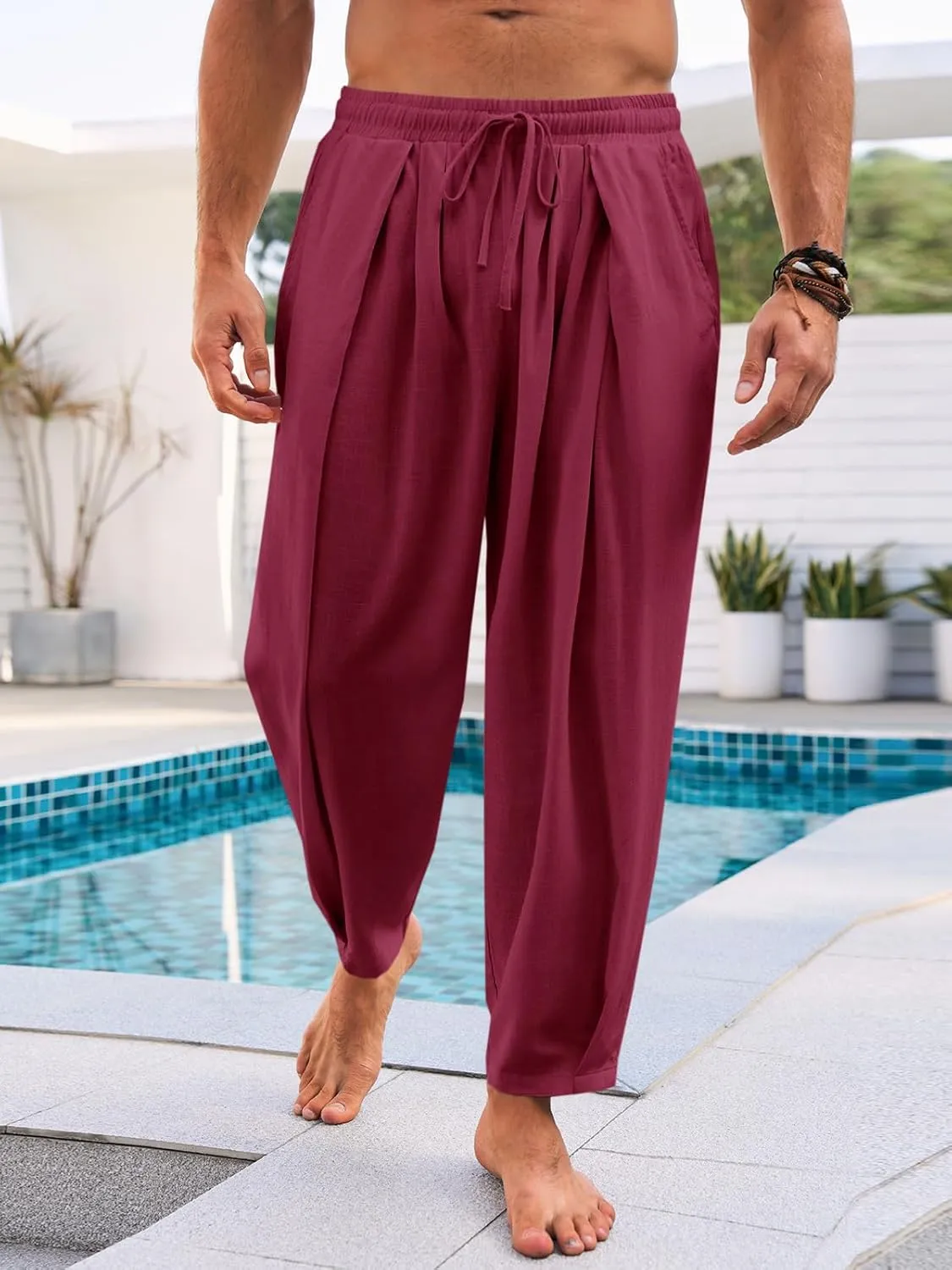 Runcati Mens Casual Harem Pants Drawstring Elastic Waist Cotton Cropped Trousers Yoga Beach Lightweight Pants