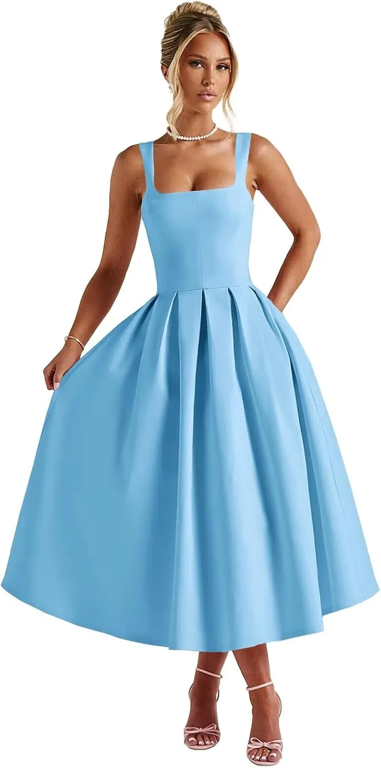 Satin Midi Prom Dresses for Women 2025 Pleated A Line Sleeveless Formal Evening Gowns with Pockets