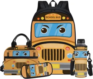 School Bus School Backpacks for Teens Boys 4 Piece Kids Bookbags with Lunch Box and Penci Case Cool Elementary School Backpack for Boys Schoolbags Casual Sports Daypacks