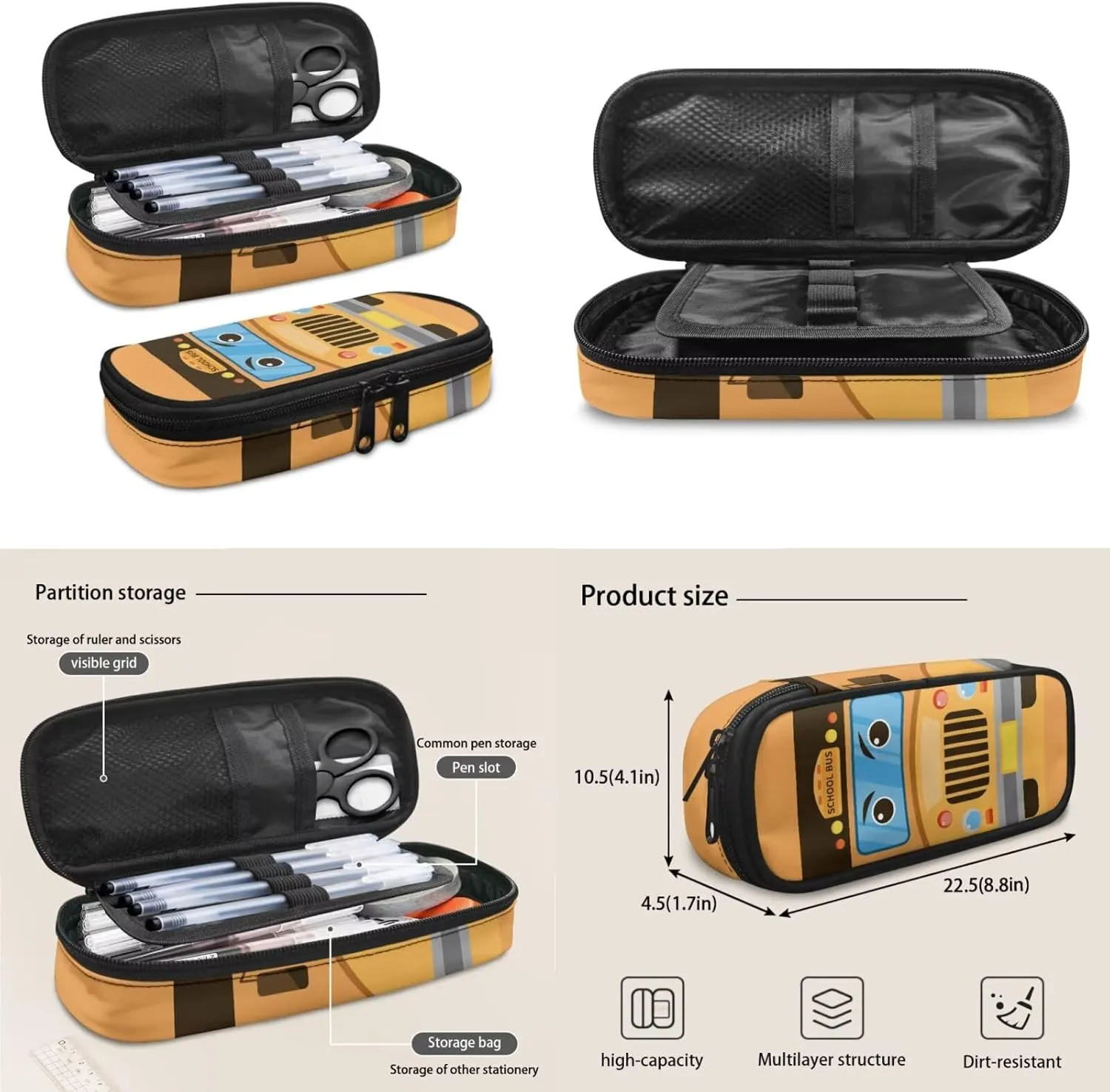 School Bus School Backpacks for Teens Boys 4 Piece Kids Bookbags with Lunch Box and Penci Case Cool Elementary School Backpack for Boys Schoolbags Casual Sports Daypacks