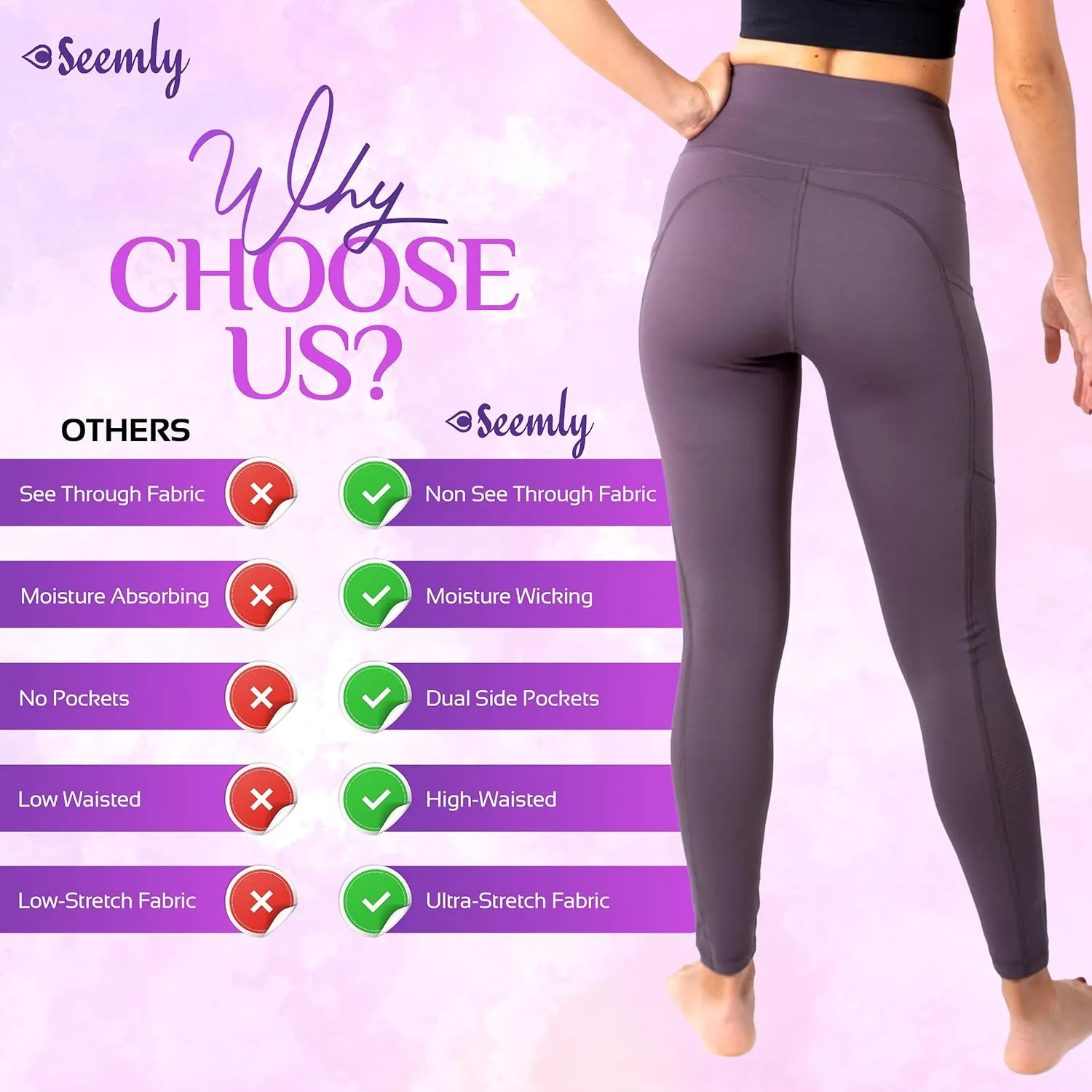 SEEMLY High Waisted Leggings with Pockets for Tummy Control | Breathable Yoga Pants Pack of 01