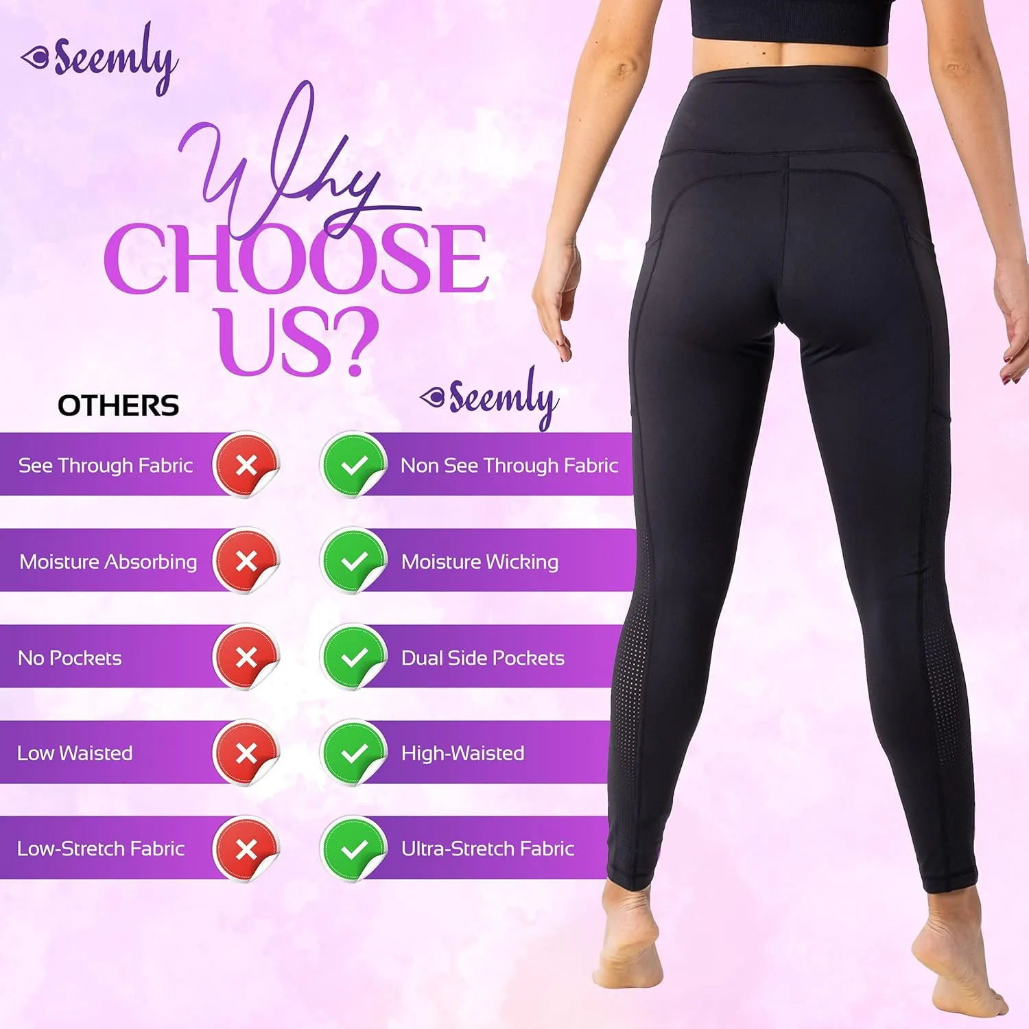 SEEMLY High Waisted Leggings with Pockets for Tummy Control | Breathable Yoga Pants Pack of 01