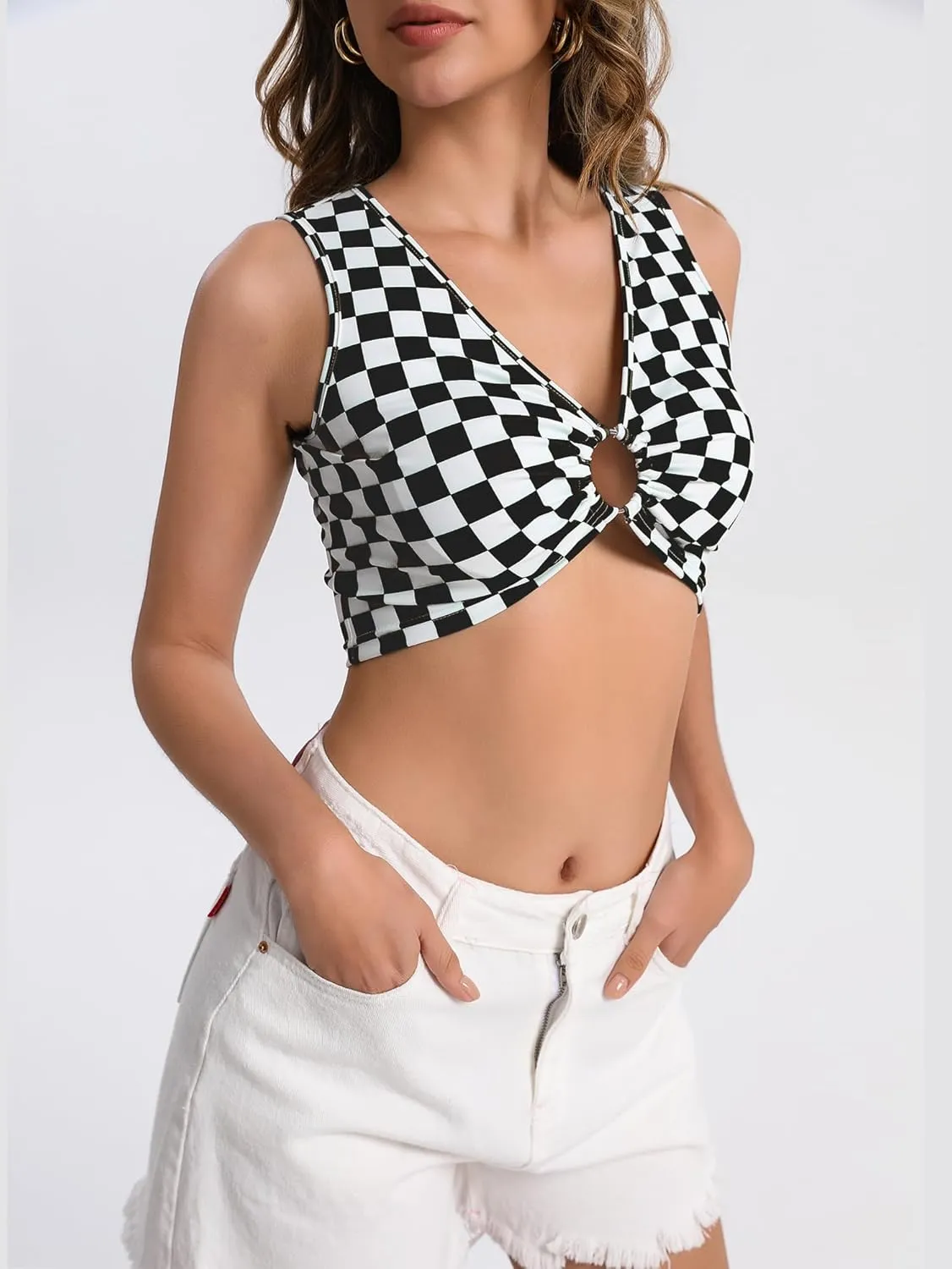 Sexy Crop Tops for Women Deep V Neck Sleeveless Workout Tops Plunge Ring Cleavage Corset Cropped Tank Top
