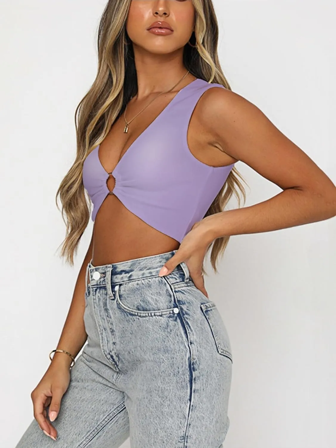 Sexy Crop Tops for Women Deep V Neck Sleeveless Workout Tops Plunge Ring Cleavage Corset Cropped Tank Top