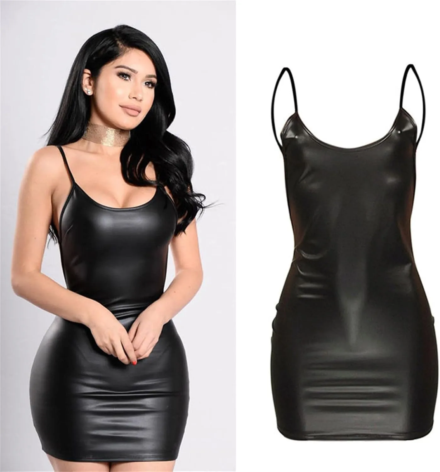 Sexy Dresses for Women Artificial Leather Backless Spaghetti Straps Mini Dress Solid Color Slim Fit Summer Party Club Dress