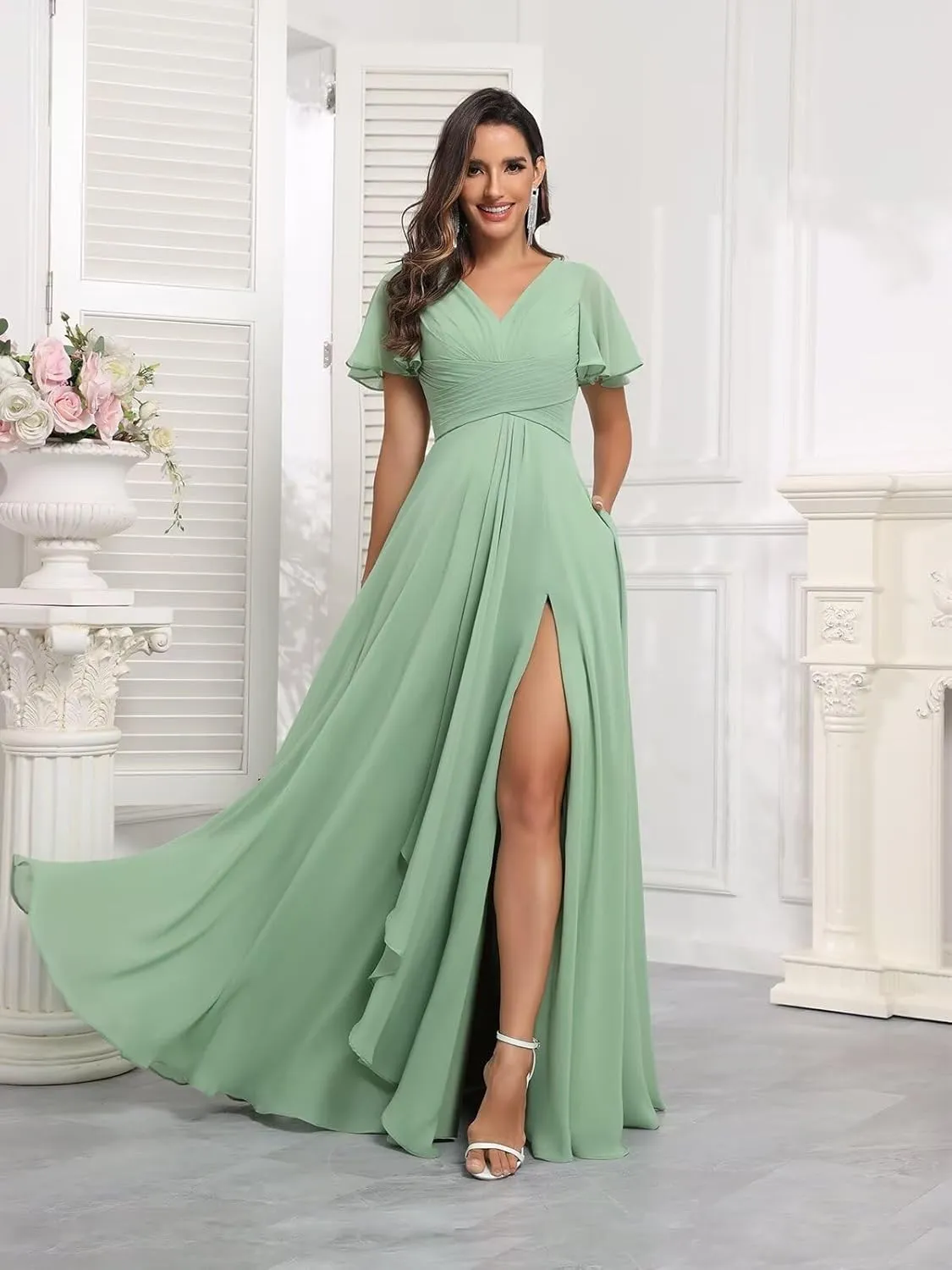 Short Sleeve Bridesmaid Dresses for Women Wedding Split V Neck Flowy Long Chiffon Ruched Evening Formal Gowns