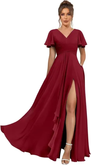 Short Sleeve Bridesmaid Dresses for Women Wedding Split V Neck Flowy Long Chiffon Ruched Evening Formal Gowns